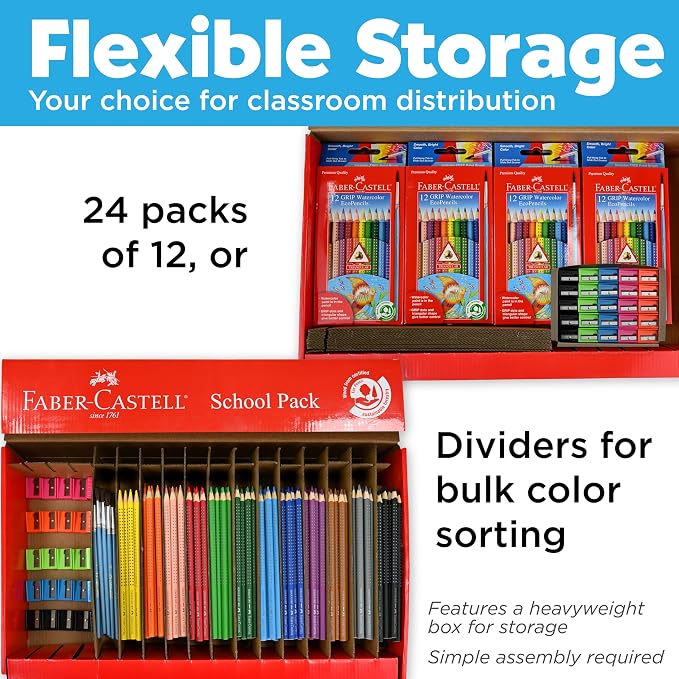 Faber-Castell Grip Watercolor EcoPencils School Pack | 288 Pre-Sharpened Colored Pencils Bulk | Draw, Blend & Watercolor Effects | Kids Art Set, Classroom Supplies with Storage (Ages 5+)