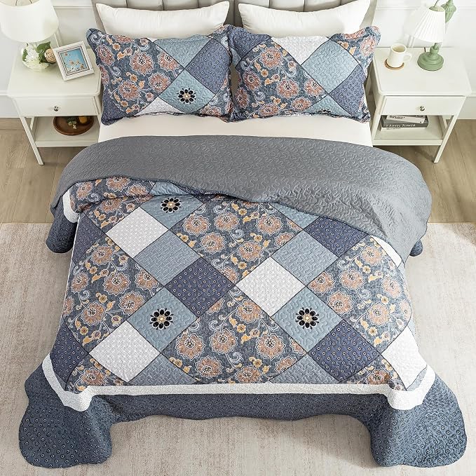 NEWLAKE Quilt Set Queen Size, Bedspread Sets Delicate Square Floral, Quilt Bedding Set Lightweight and Breathable for All Seasons, Soft Quilted Bedspread with 2 Pillow Shams
