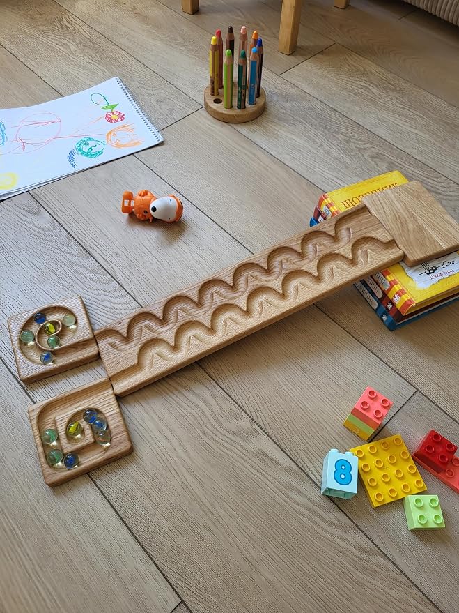 Wooden Marble Run Track Set of 2 – Montessori STEM Toy for Kids – Race Machine & Maze Board – Educational Wooden Roller Track Game – Wind & Rocks Run Gift for Children