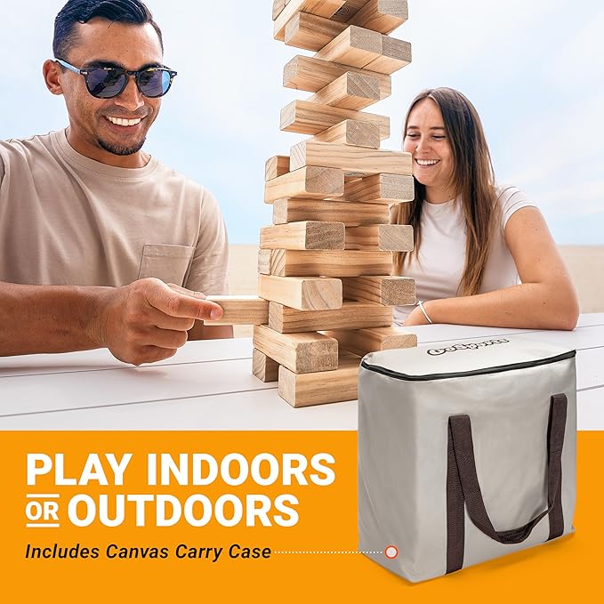GoSports Giant Wooden Outdoor Stacking Game – Stacks Up to 3 ft – Large Toppling Tower with Case for Yard Games, Family Game Night, Camping, and Parties