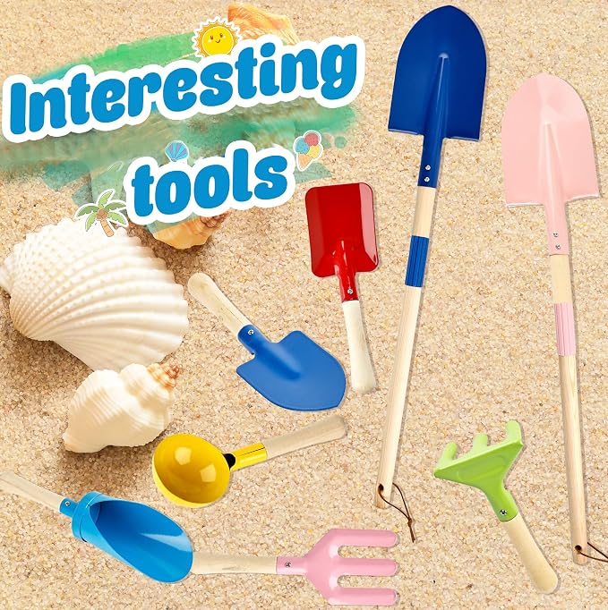 8 Pieces Kids Beach Sand Tools Metal Beach Spoon, Trowel, Rake, Forks, Flat and Pointed Shovel Sand Digging Buckets with Sturdy Wooden Handle for Children Gardening Use