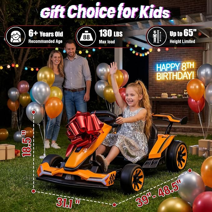 24V Electric Go Kart, Kids Drift Kart with Dual 400W Motors, Length Adjustable Seat, 8.2 MPH Max, 130LBS Max Load, Outdoor Ride on Toy Crazy Kart w/Bluetooth Music, Rainbow Light
