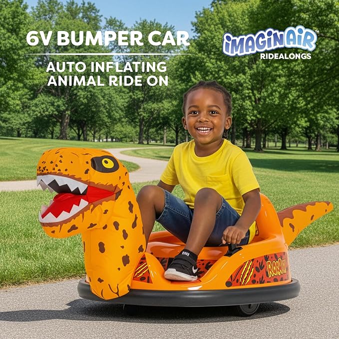 6V Raptor Dinosaur Toys Bumper Car - Kids Car to Drive, Ride On Toy, Auto-Inflated, w/Music, Parent Remote Control, LED Lights, 360° Spin, 1 MPH, Max Weight of 66lbs, Age 1.5-4 Years