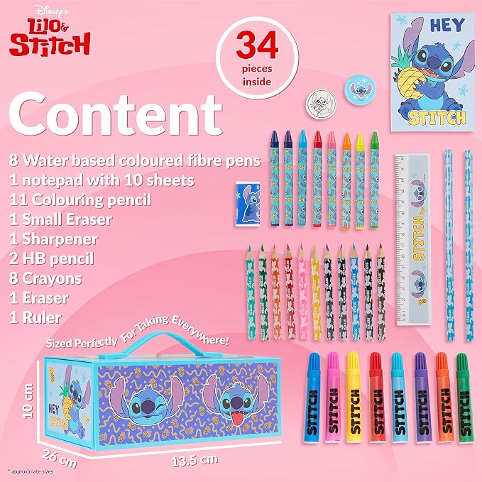 Disney Stitch Colored Pencils Art Supplies Kids School Supplies Set Stationery Girls Drawing Pencils Supplies Travel Case with Crayons Arts and Crafts for Kids 4-12 (Blue Stitch)