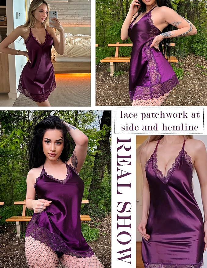 Avidlove Women Lingerie Satin Lace Chemise Nightgown Sexy Full Slips Sleepwear S-4XL