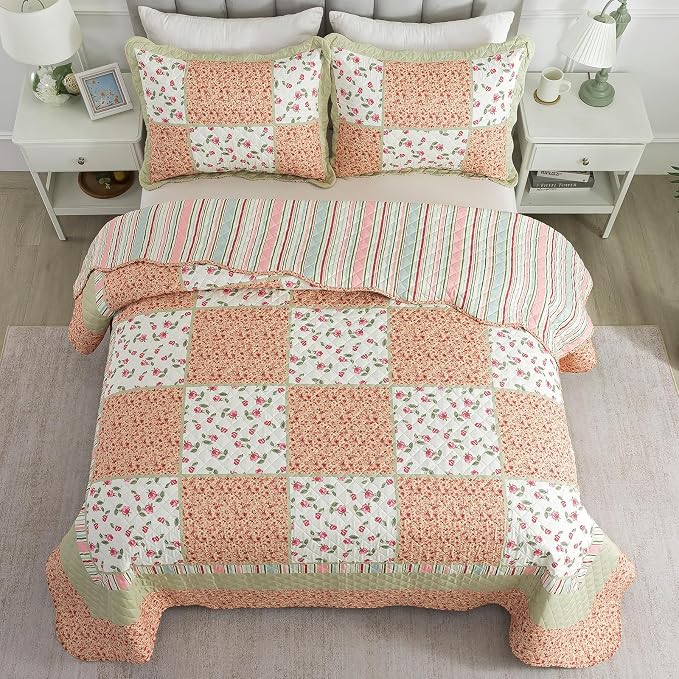 NEWLAKE Quilt Set King Size, Bedspread Sets Warm Orange Floral, Reversible Quilt Bedding Set Lightweight and Breathable for All Seasons, Soft Quilted Bedspread with 2 Pillow Shams