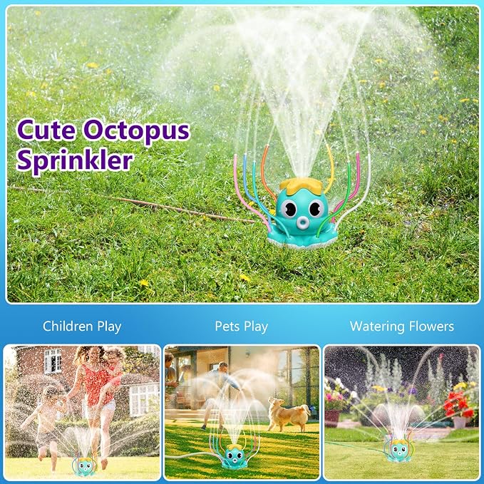 MoKo Water Spray Sprinkler for Kids-Cute Sprinkler with 8 Wiggle Tubes and 2 Hose Clamps Outdoor Sprinklers Summer Octopuses Toys for Garden Backyard Lawn Splashing Fun Toys for Boys Girls, Light Blue