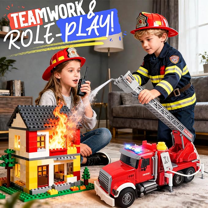 SMILESSKIDDO Fire Truck Toy - 1:12 Large Friction Powered Fire Rescue Truck with Water Pump, Extendable Ladder, Lights & Siren Sounds, Christmas Birthday Gift, Kids Toys for Age 3, 4, 5, 6, 7