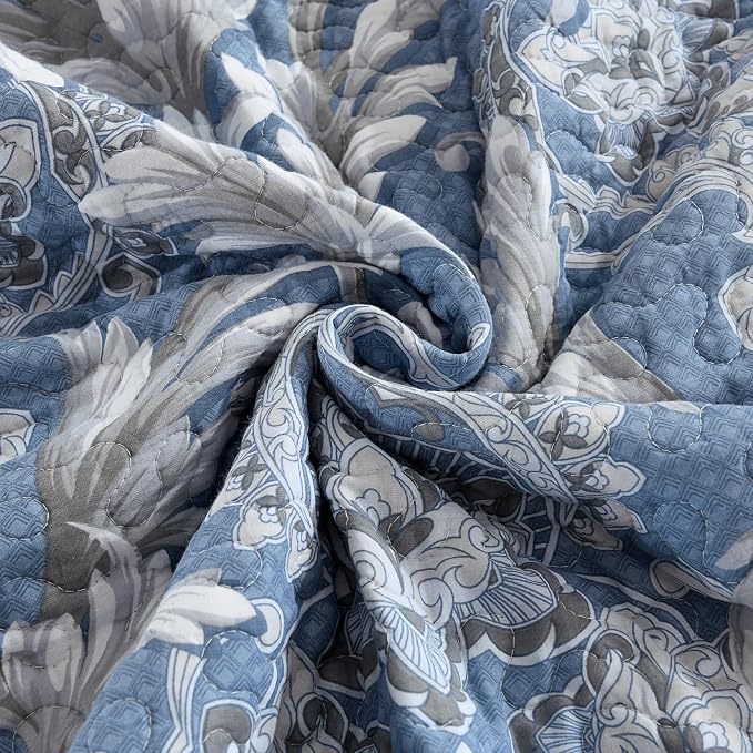 Queen Size Quilt Set - Dusty Blue and Gray Quilt Set Queen, 100% Cotton Floral Bedspread Set 3 Piece, Classic Damask Bedspread, Reversible Lightweight Quilt Bedding Set