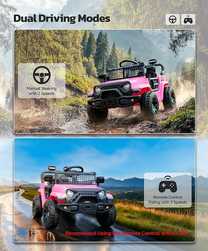 ELEMARA Kids Ride on Car, 12V Ride on Toys w/Remote, Electric Cars for Kid w/Bluetooth, LED Lights, Battery Car for Toddlers, Battery Powered Off-Road Vehicle w/Shock Absorbers, Kids Driving Car-Pink