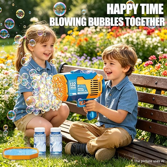 Upgraded 132 Holes Bubble Machine Gun,Bazooka Bubble Machine,Rocket Bubble Gun Bubble Machine,Summer Toys Bubble Blaster Maker for Kids, Wedding, Birthday Gift (Light Blue)