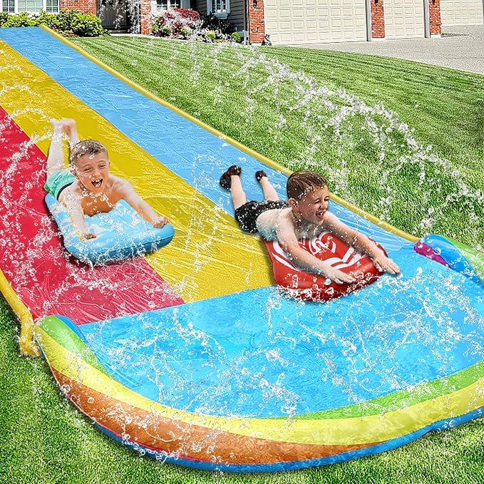 MorTime 22.5ft Slip Water Slide with Sprinklers, Slip and Slide with 3 Inflatable Bodyboards and Splash Pool Waterslide Backyard Lawn Outdoor Water Toy