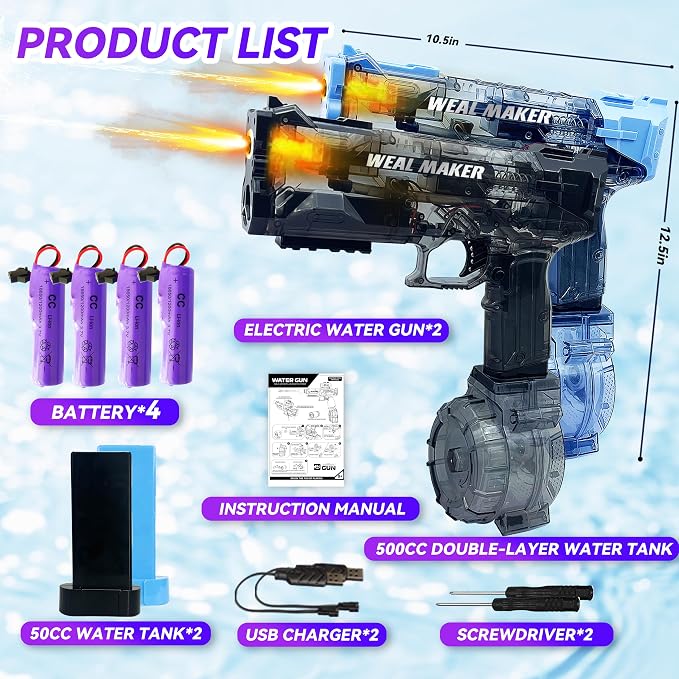 Electric Water Guns for Kids Adults, 2 Pack Automatic Squirt Gun with LED Light-Up Muzzle, 500CC Tank, 28FT Long Range Water Blaster, Waterproof Summer Pool Party Toy