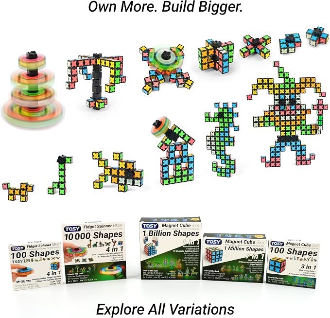 TOSY Magnet Cube 4x4 - 560 Magnets, 70 Blocks, 8 in 1 Toy: Puzzle Cube Game, Creative Building Blocks, Transformable Fidget Spinner, Infinity Cube, Magnet Tiles, UV Flashlight, Glowing STEM/STEAM Toy