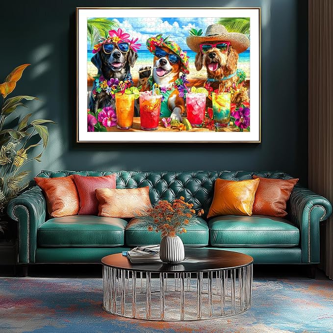 Puzzle 1000 Pieces Adult Tropical Dogs Beach Party Hawaiian Vacation Summer Cocktail Funny Animal Jigsaw Puzzles for Adults Difficult Challenging Family Game Night Gift Decor