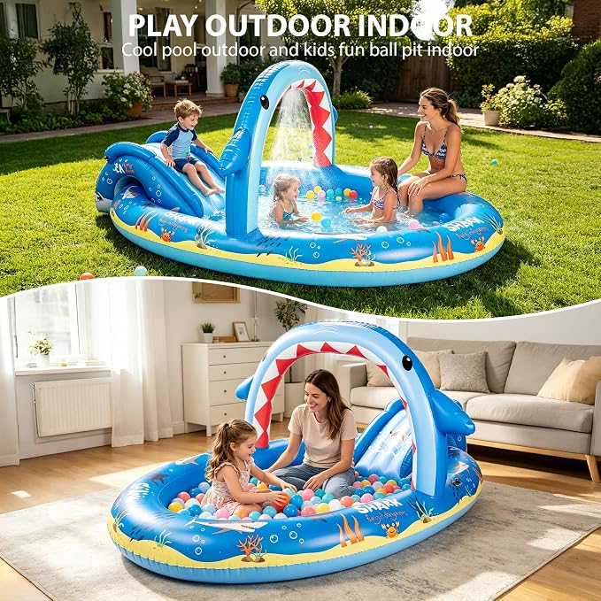 Inflatable Ocean Shark Play Center, Summer Splash Pad Kids Pool with Slide&Sprinkler, Blow Up Toddler Water Pool for Backyard and Garden 96''x59''x39''
