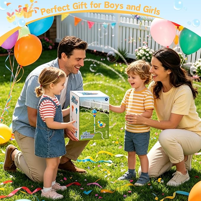 2 in 1 Water Sprinkler & Bubble Machine for Kids, Automatic Outdoor Toy with Lights & Sounds, 2 Bottles & 10 Refill Packs Bubble Solution, Summer Backyard Yard Play Toy, Blue, Battery Not Included