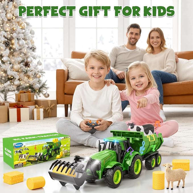 Funwee RC Farm Tractor Toy w/Light & Music, Kids Truck Toy w/Front Loader & Farm Animal, 2.4GHz RC Tractor Trailer for Boys & Girls, Toddler Vehicle Car Playset Age 3-8+ Year Old Gifts (Bright Green)