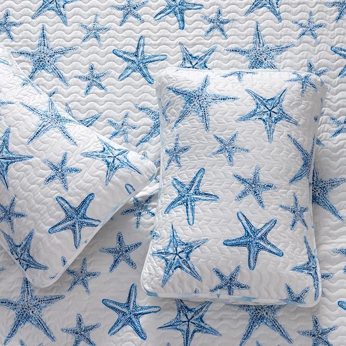 Great Bay Home Coastal Quilt Set - 3-Piece King/California King Size Nautical Bedding Set - Lightweight, All-Season, Reversible Starfish Bedspread (Blue)