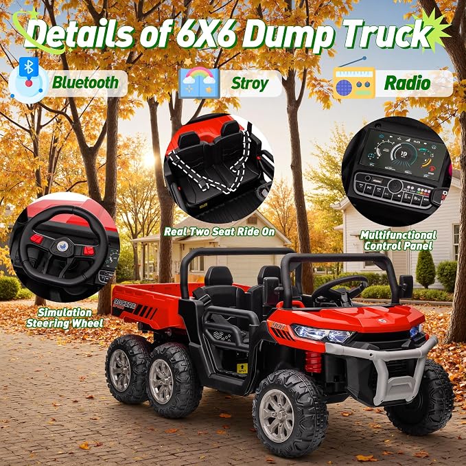 24V Ride on Dump Truck, XL 2 Seater Ride on Cars with Remote Control, 4x200W Powerful Motors, 6-Wheel Suspensions, Electric Dump Bed, Shovel, Kids UTV for Boy Girl