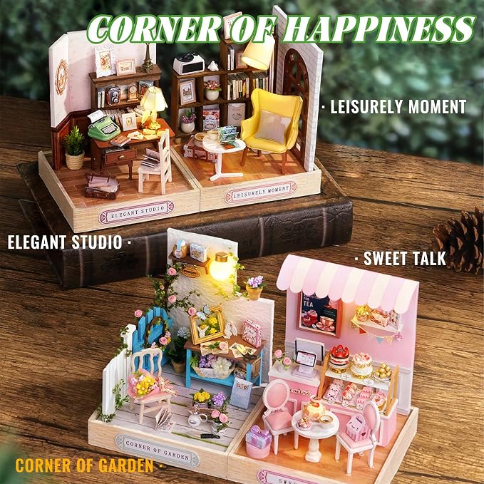 Kisoy Dollhouse Miniature with Furniture Kit, DIY 3D Wooden DIY House Kit with Dust Cover,Handmade Tiny House Toys for Teens Adults Gift(Corner of Garden)