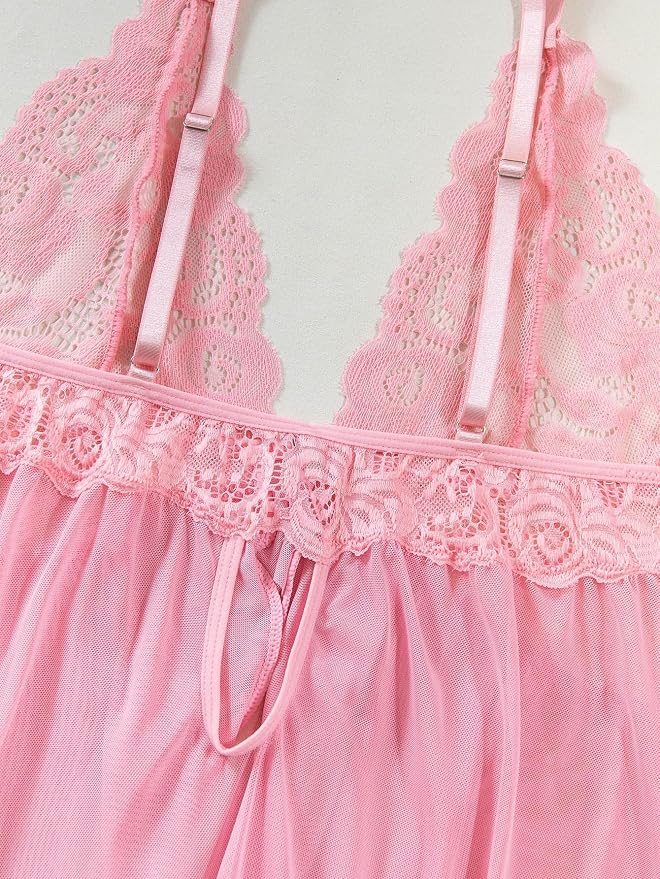 Foxiny Sexy Open Front V Neck Ruffle Sheer Mesh Lace Wireless Babydoll Lingerie Dress with Thong 2 Piece