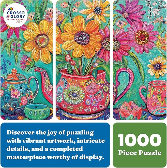 Cross & Glory - The Colorful Teapot Garden - 1000 Piece Jigsaw Puzzle for Adults | Best New Floral Artwork Puzzle | Relaxing and Intricate Puzzle Experience