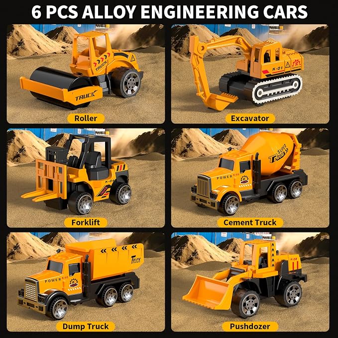 3-5 Year Old Boys Construction Truck Toy Set,6 Die-Cast Mini Toy Cars with Play Mat, Light & Sound Features, Easy Storage,Indoor & Outdoor Play Toys, Birthday Gifts for Boys Girls Kids Ages 3‑8
