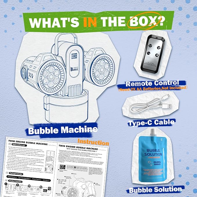 Dual-Engine Bubble Machine with Auto Rotation & RGB Lights & Remote Control,1800mA Type-C Rechargeable,700mL Tank,Bubble Maker for Kids, Party, Wedding, Backyard Outdoor Toy
