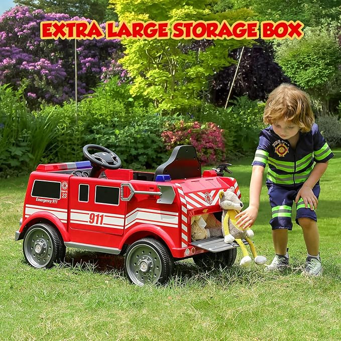 ELEMARA 12V Ride on Fire Truck, Electric Ride on Car for Kids,Battery Powered Toddler Car w/Parent Remote Control,Siren-Call,walkie-talkies, Flashing Lights,Fire Extinguishers, Bluetooth,Music,UBS.