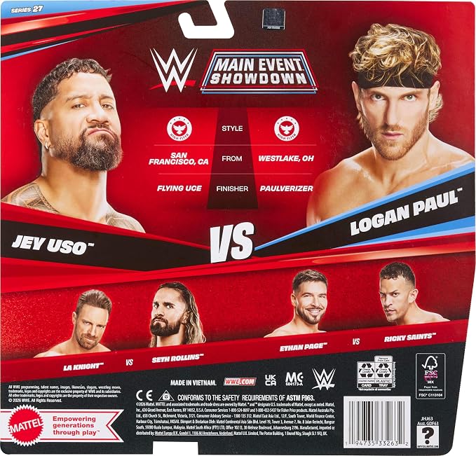 Mattel WWE Main Event Showdown Action Figures 2-Pack with Accessory, Series #27 Jey USO vs Logan Paul Collectible Set, 6-inch