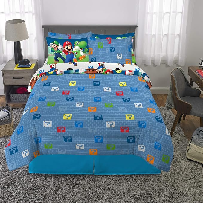 Super Mario Kids Bedding Set, Full Size 7 Piece Comforter and Sheet Set with Sham, (Officially Licensed Product) by Franco