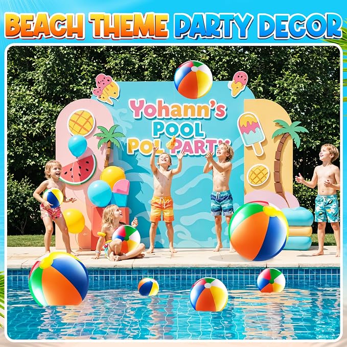 4-pcs Assorted Sizes Inflatable Beach Balls - Small & Large Rainbow Beach Balls For Kids In 6", 12", 16", 24" Sizes - Colorful Blow Up Pool Toys For Beach Games, Summer Party Decoration & Outdoor Fun