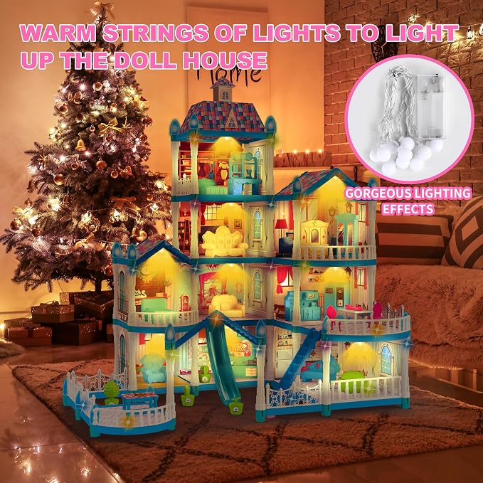 Seifar Doll House for Girls,10 Rooms Blue House Toy with Doll Figures, Puppies, Lights, Furnitures, Accessories, Kids Playhouse Gift for for 3 4 5 6 7 8 9 10 Year Old