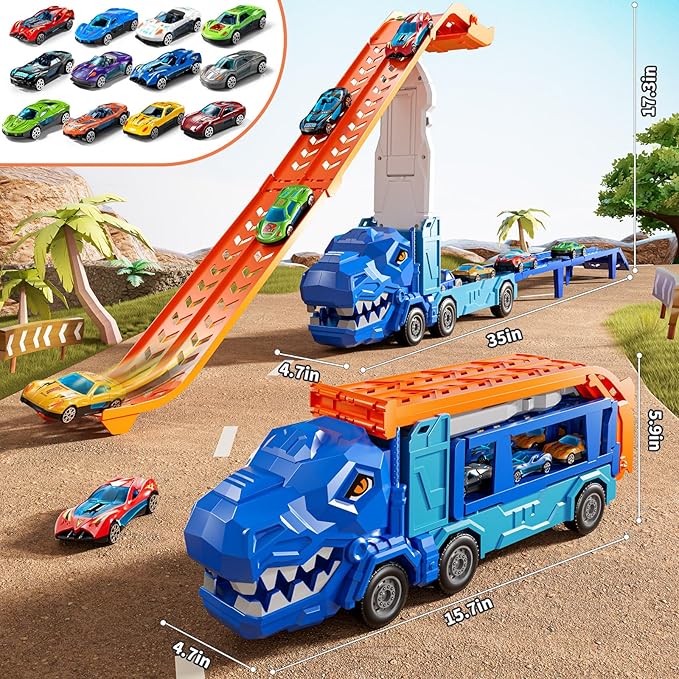 Truck Toys Car Track Set for 3 4 5 6 Years Old Boys, Dinosaur Truck Transporter Car Race Track with 12 Die-Cast Racing Car Toys, Birthday Gifts for Toddlers Kids Girls Age 3 4 5 6 7 8