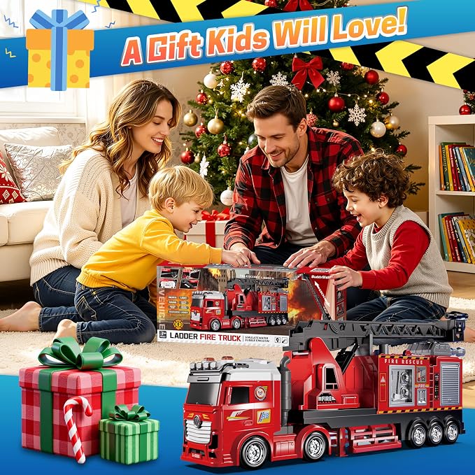 Extra Large Fire Truck Toys for Kids, 27'' Extendable Ladder 180° Rotating, Light & Sound Fire Trucks for Toddlers 3-5, Inertia Drive Firetruck Toys, Dual Water Spray Nozzles, for 3+ Boys