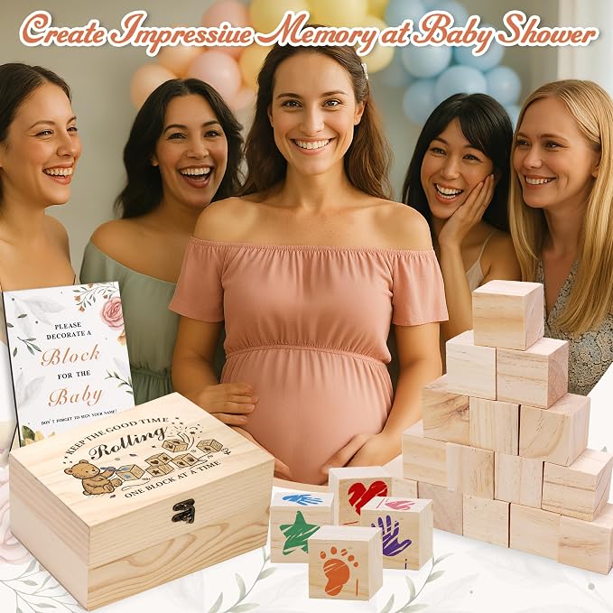 78 PCS Shower Games Sign Kit for Boys Girls, Wooden Box and Sign, Blank Wooden Blocks for DIY Drawing, Markers, Shower Game for Gender Reveal Activity, Shower Ideas Decorations, Bear B