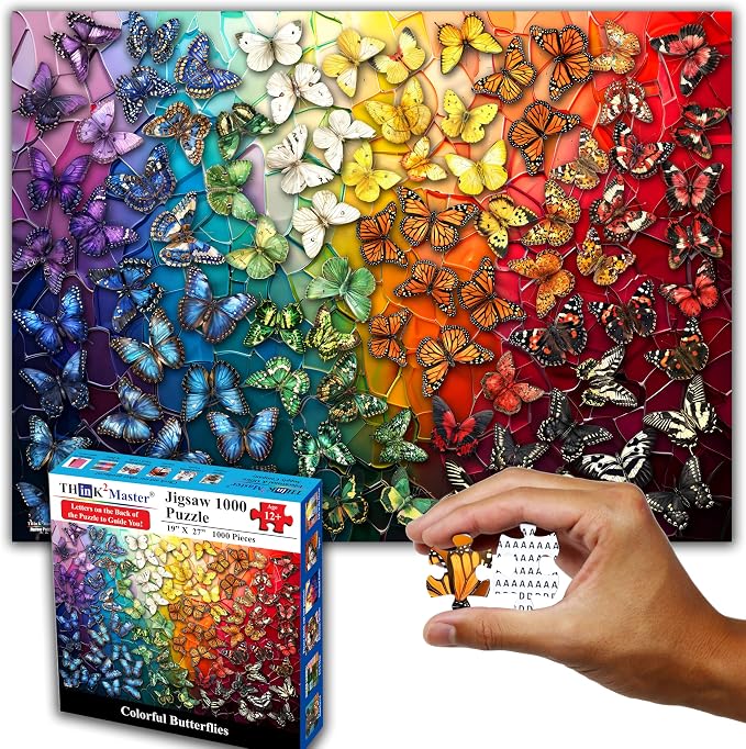 Think2Master Colorful Rainbow of Butterflies & Stained Glass 1000 Pieces Large Format Jigsaw Puzzle for Kids 13+, Teens, Adults & Families. Beautiful Vibrant Illustration Artwork Size: 26.8” X 18.9”