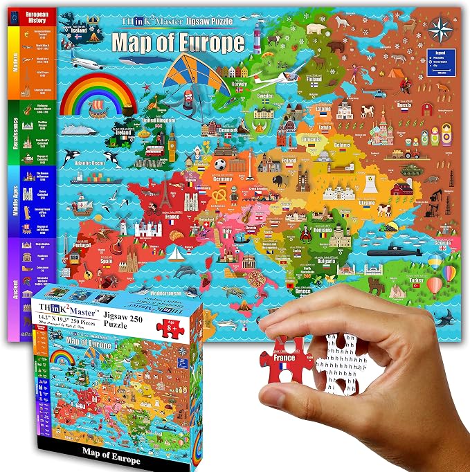 Think2Master Colorful Map of Europe 250 Pieces Jigsaw Puzzle. Great Puzzle for Adults & Seniors Easier to Handle Larger Pieces. Size: 14.2” X 19.3”