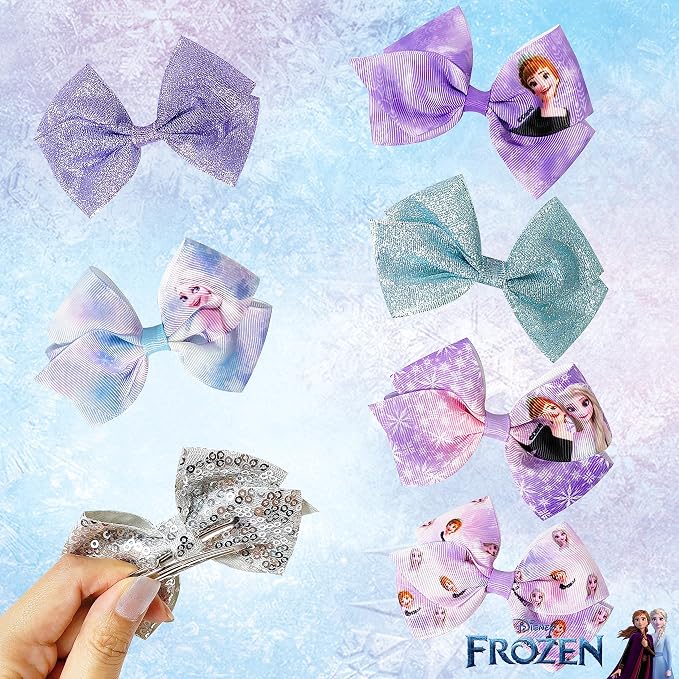 Disney Frozen II Girls 7 Piece Princess Hair Bow Set, Alligator Clip, Accessories for Ages 3+