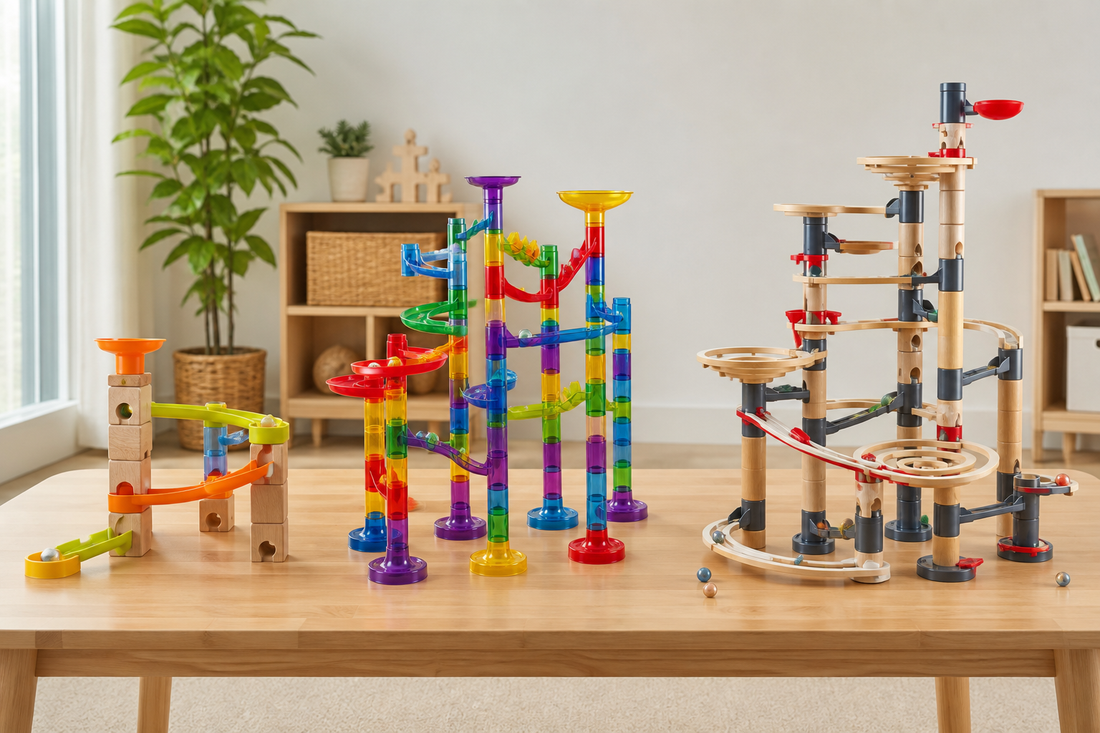 Compact, mid-range, and advanced marble runs arranged side by side for comparison