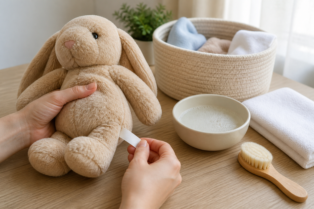 A plush toy being checked before cleaning with care and storage supplies nearby