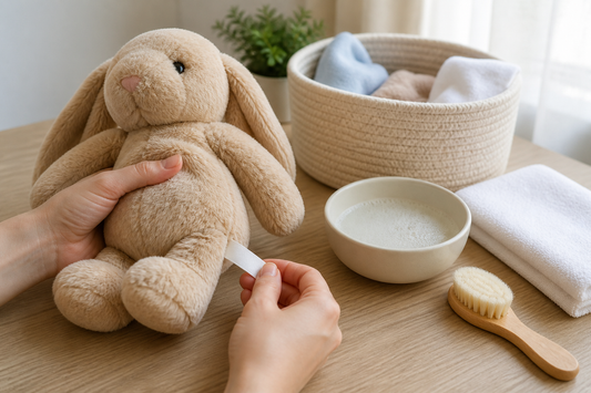 A plush toy being checked before cleaning with care and storage supplies nearby