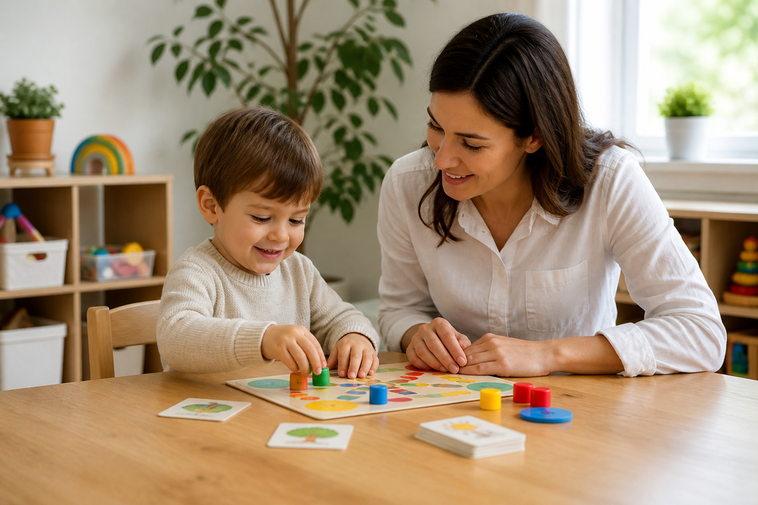 A preschooler playing a simple board game with an adult at a family table