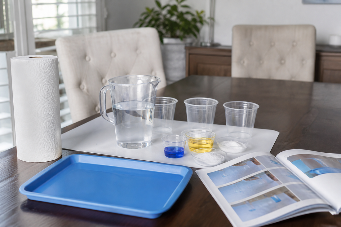 Prepared home science experiment workspace with clear cups, household materials, instructions, and cleanup supplies
