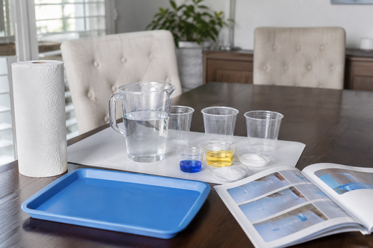 Prepared home science experiment workspace with clear cups, household materials, instructions, and cleanup supplies
