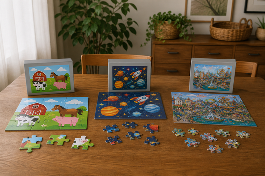 Three children’s jigsaw puzzle options showing different piece sizes, themes, and image complexity on a family table