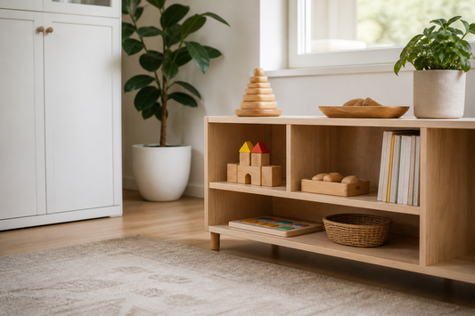 A manageable Montessori toy rotation arranged on a low shelf in a calm home play area