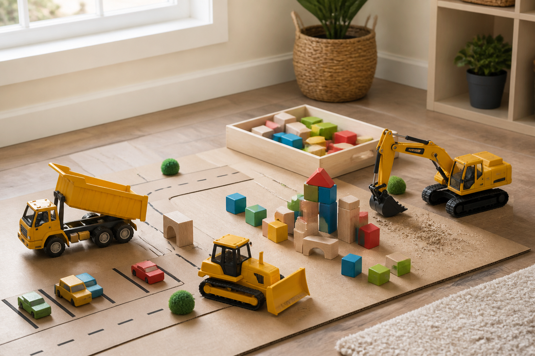 Toy dump truck, excavator, and bulldozer arranged on an indoor construction play site with blocks and cardboard roads
