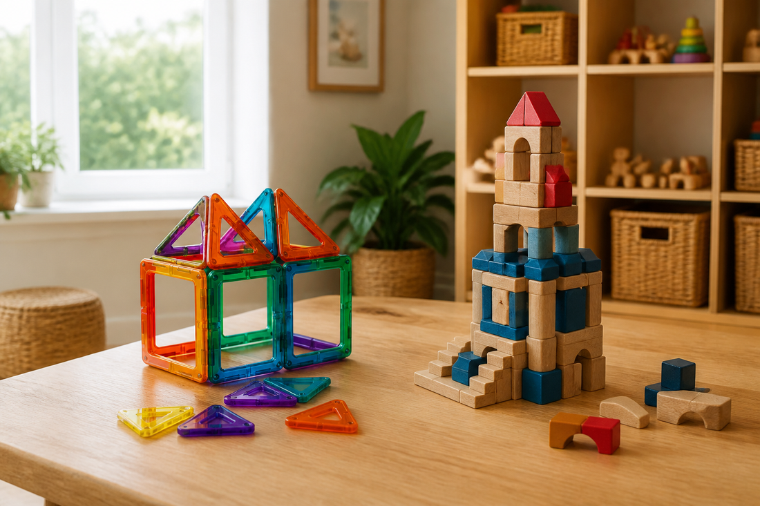 Magnetic tiles and building blocks shown in side-by-side structures for comparison